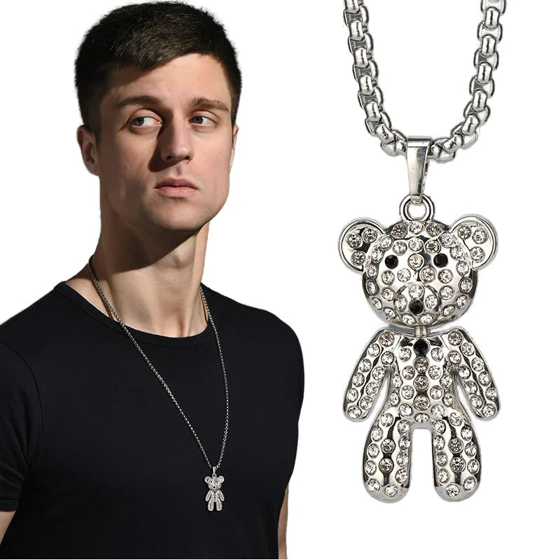 Men's Hip Hop Rock Street Crystal Bear Pendant Necklace Titanium Stainless Steel with Rhinestone and Zircon Rap Jewelry Gift