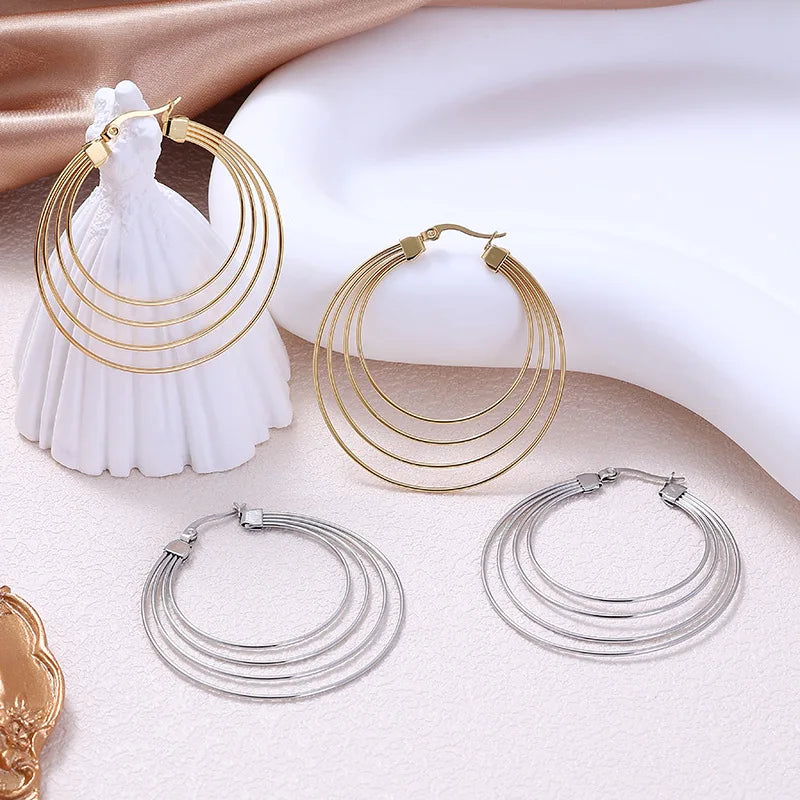 Trend Geometric Thread Shaped Circle Earrings Exaggerated Personality Waterproof Titanium Steel Earrings Hoops Fashion Jewelry