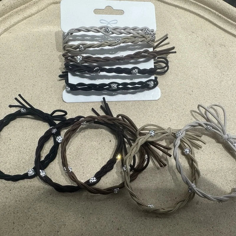 Wholesale Luxury Vintage Black Rubber Band Hair Rope Boho Braided Bracelet Glitter Rhinestone Ball Ponytail Holder for Women