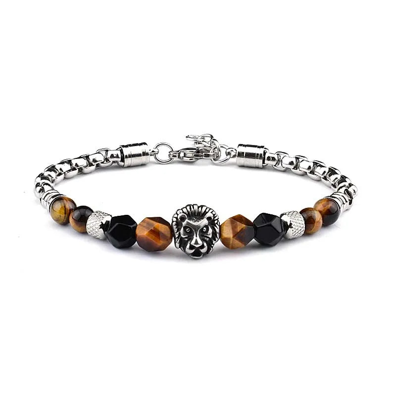 Sliced Tiger Eye Stone Stainless Lion Beaded Natural Stone Bracelet ST227