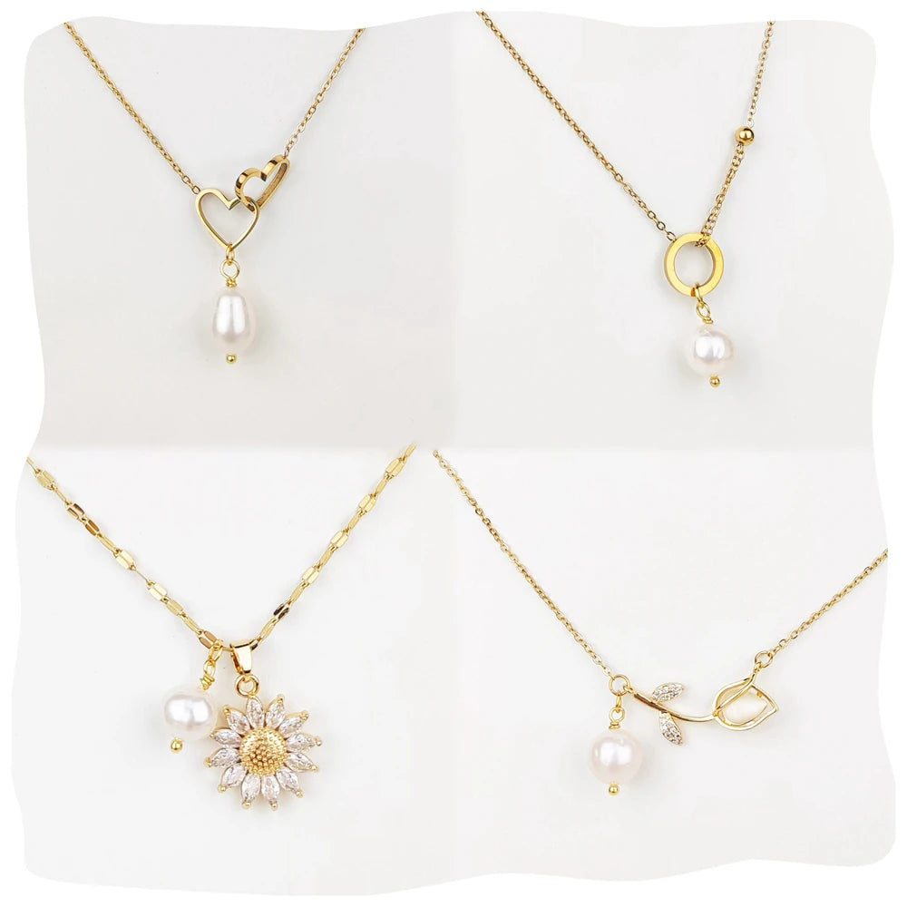 Natural Pearl Zirconia Gold-Plated Double Heart Pendant Necklace with Stainless Steel Chain Simple Women's Jewelry for Gifts