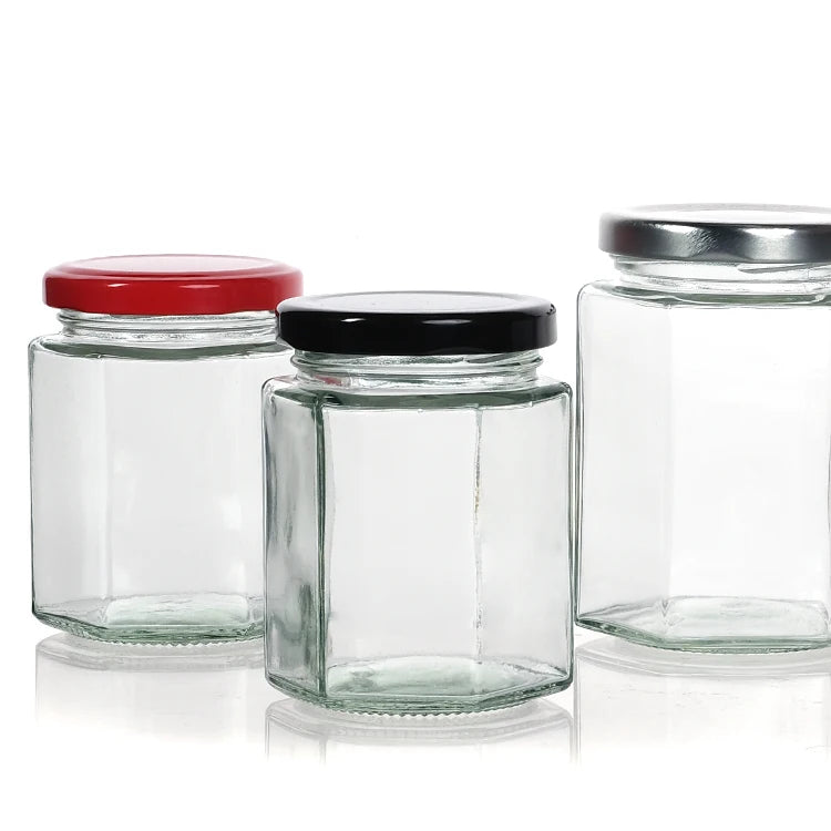 High Quality 100ml 500ml  Empty Honey Glass Jam Honey Glass Jar Honey Hexagon Jar for Kitchen Food Container