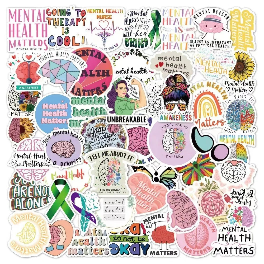 Vi- 50pcs Die Cut Vinyl Waterproof Mental Health Decorative Random Sticker Pack for Kids Laptop Luggage Bike Guitar