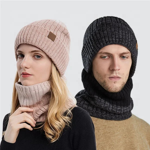 Unisex Women Men Two Piece Scarf Hat Set Winter Warm Wool Crochet Knitted Skullies Beanies Hats With 9 Colors