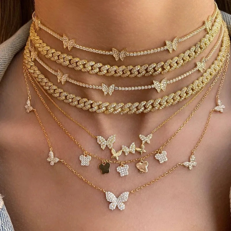 Bling CollarJewelry Layered Necklace Gold Plated Tennis Chain Choker Iced Out Choker Cubic Zirconia butterfly Necklace