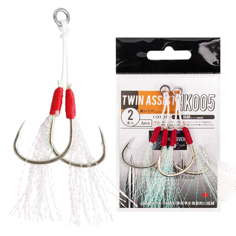 HK005 2 Sets/bag High Steel Slow Jig Double Assist Hook 1/0 2/0 3/0 Jigging Fishing Solid Ring Hook Luminous Jig Hooks