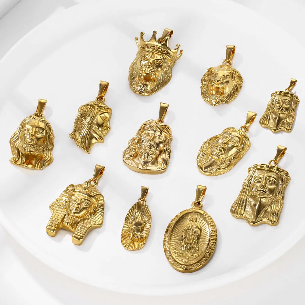 Vintage Men Animal Lion King Pendant PVD 18k Gold Stainless Steel Jesus Piece Head Charm Retro Praying Hand Guadalupe Pendant