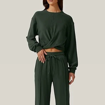 Women 2 Piece Outfits Sweatsuit Set Twist Front Cropped Sweatshirt Wide Leg Sweatpants Lounge Set Tracksuit