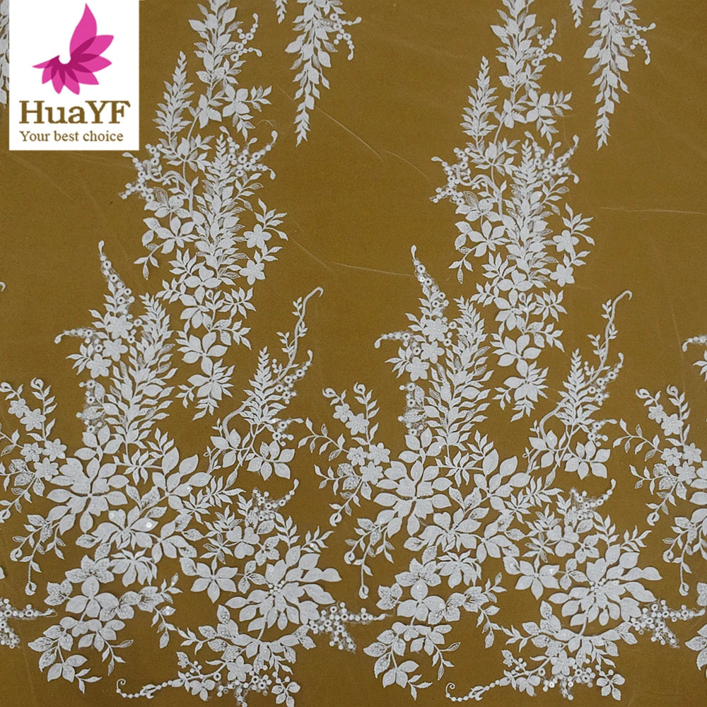 HY2040 New French White Beaded Sequins Lace Hot Sale Wedding Bridal Dress Fabric for 5 Yards