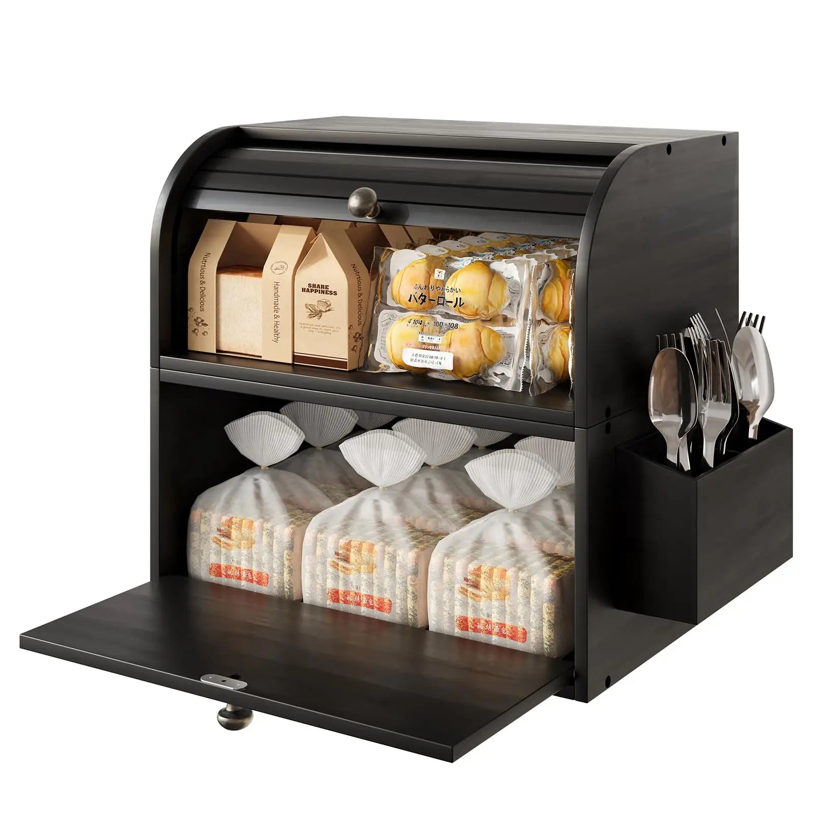 Bamboo Double Layer Roll Top Bread Bin With Silverware Basket Bamboo Bread Box for Kitchen Countertop Extra Large 2-Shelf