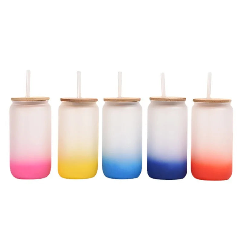 Frosted Glass Mug Gradient Colour Beer Cup Water Glass Beer Can with Bamboo Lid and Straw