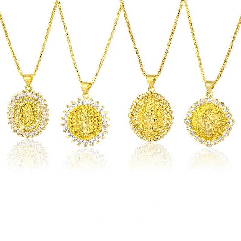 Jachon Religious Faith Zircon Pendant Brass 18k Gold Plated Box Chain Virgin Mary Necklace for Women