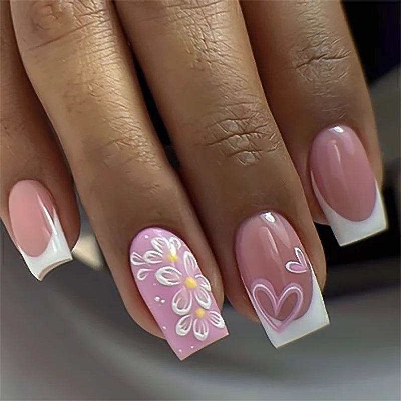Dropshipping 24 Pcs 3772 Spring Summer Flower Heart French White Short Square Nails Press on Nails Artificial Fingernails