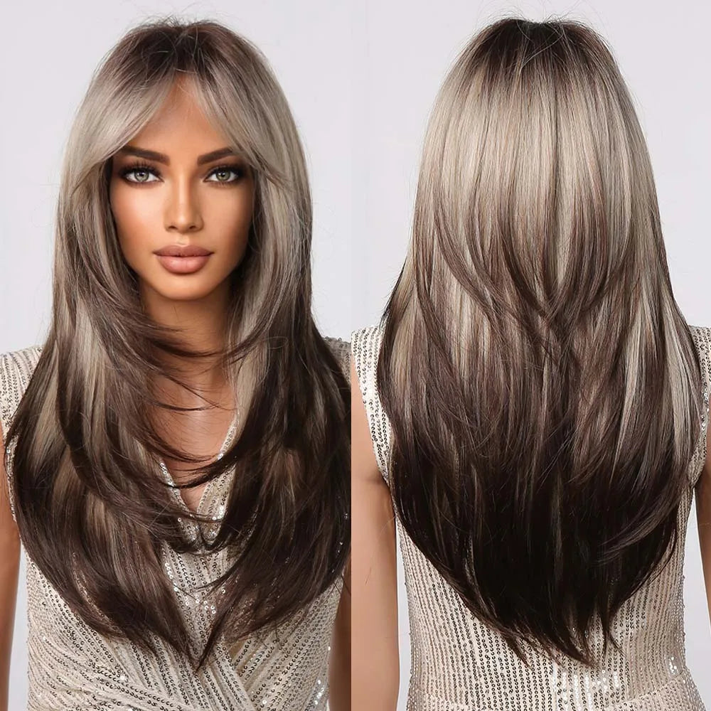Factory Fast Delivery Blonde Layered Ombre Brown Synthetic Wigs with Dark Bangs for Women Long Straight Highlights Hairs Wig