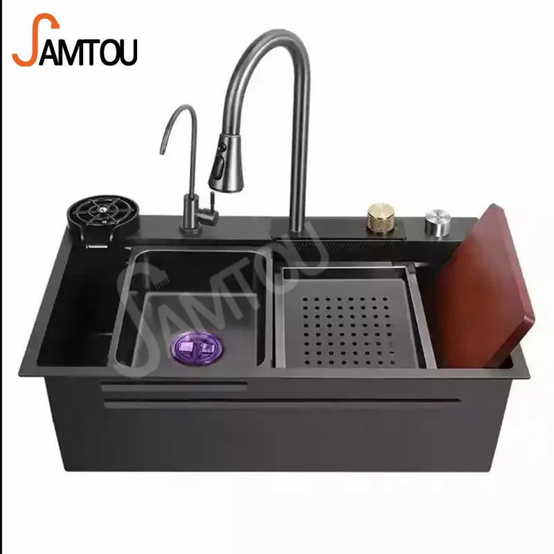 Modern Kitchen Sink Faucet with Rain Shower Intergrated Kitchen Sink with Faucet Kitchen Sink Set with Pull-out Faucet & Drain B