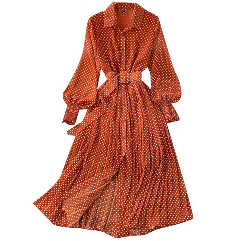 Designer 2026 Autumn Vintage Dresses Women Hot Selling New Arrival Polka Dot Chiffon Pleated Line Long Sleeve Free Button