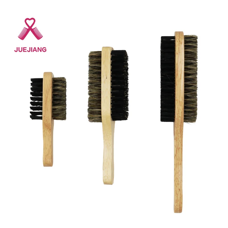 Rubber Wood Handle Men Nylon Bristle Paddle Beard Brush Styling Double-sided Short Thick Curly Wavy Natural Color