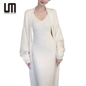 OEM ODM Autumn Winter Trending Products New Arrivals Women s Knit Two Piece Long Sleeve Cardigan Long Coat Dress Set