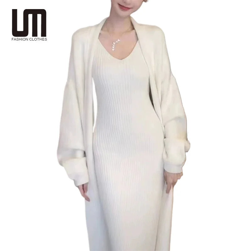 OEM ODM Autumn Winter Trending Products New Arrivals Women s Knit Two Piece Long Sleeve Cardigan Long Coat Dress Set