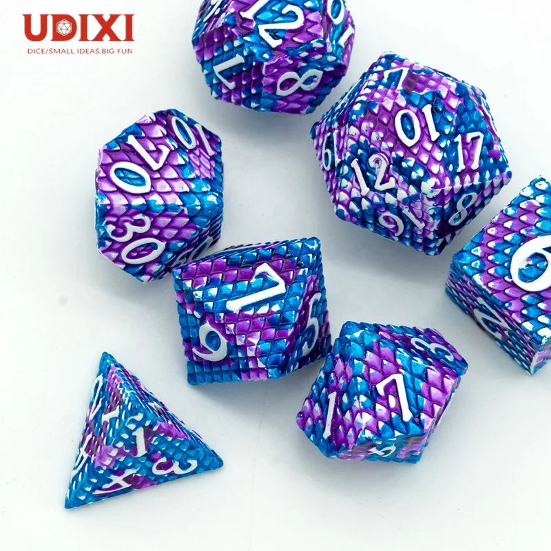 For ME-DS03 Custom Logo 7-Piece RPG Polyhedral Metal Dice Set with White Purple Dragon Scale Adult Dungeons Dragons Box