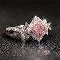 Huitan Beautiful Pure Pink Anillos Double Layer Weave Princess Cut Zircon Square Rings Sweet Girls Silver Women Romantic Rings