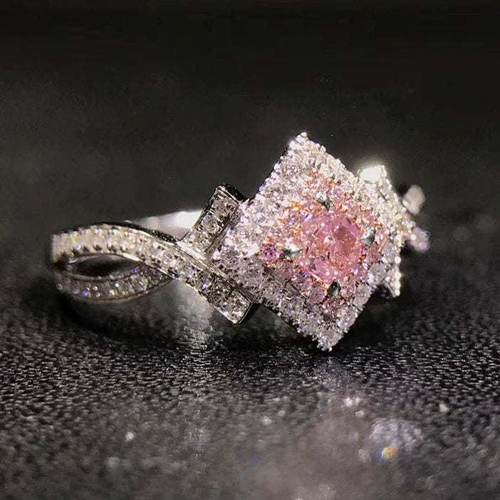 Huitan Beautiful Pure Pink Anillos Double Layer Weave Princess Cut Zircon Square Rings Sweet Girls Silver Women Romantic Rings