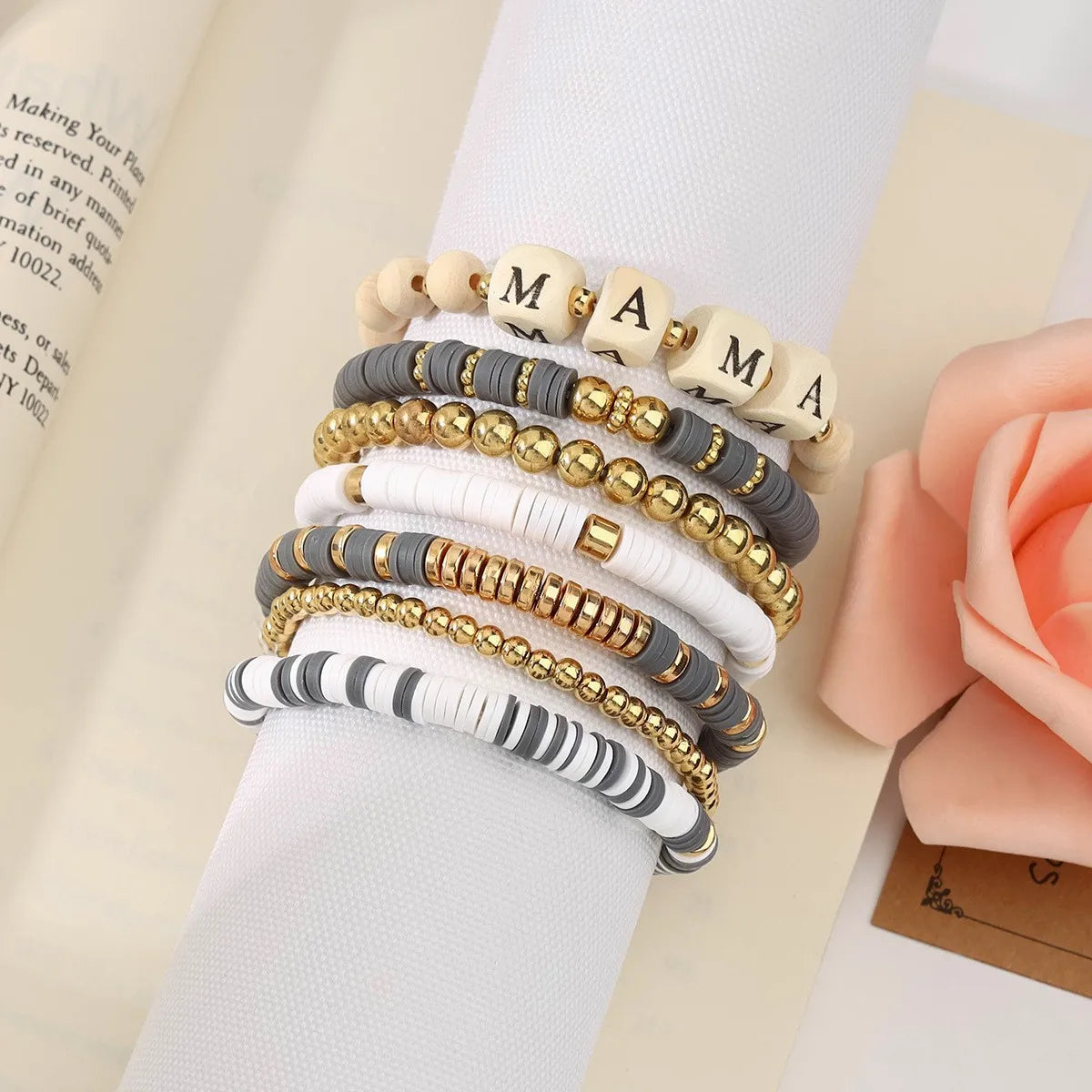 Mother's Day Gray Polymer Clay Wood Bead Customize Letter MAMA Bracelet Set for Mother Day Gift