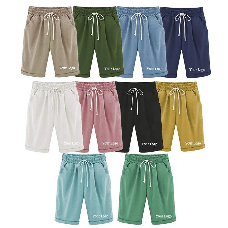 Women's Breathable Eco-Friendly Quick Dry Cotton Linen Loose Casual Bermuda Shorts S-8XL Elastic Waist Drawstring Jogger Shorts