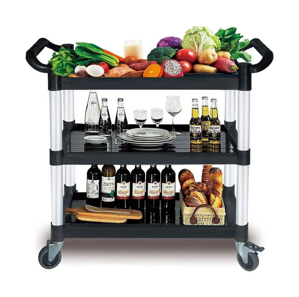 Commercial Plastic Service Cart Food Serving Trolley Black/Gray Color LFGB Certified 3mm Thick 70kg Capacity for Restaurant