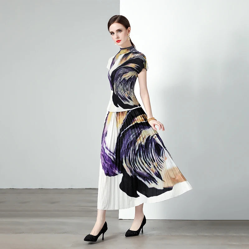High End Floral Ruched Pleated Bohemian Two-Piece Set for Women's Summer-T-shirt & Skirt