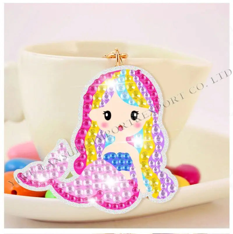 LS GEM 5D Child-Sized Rainbow Horse Mermaid Keychain Set Printed Plastic Dot Diamonds Handicraft Bag Hanger Diamond Painting Kit