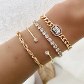 Hot Sell Vintage Gold Plated Square Diamond Adjustable Bracelet Bangles Set High Polished Charm Gold Bracelet for Women Jewelry