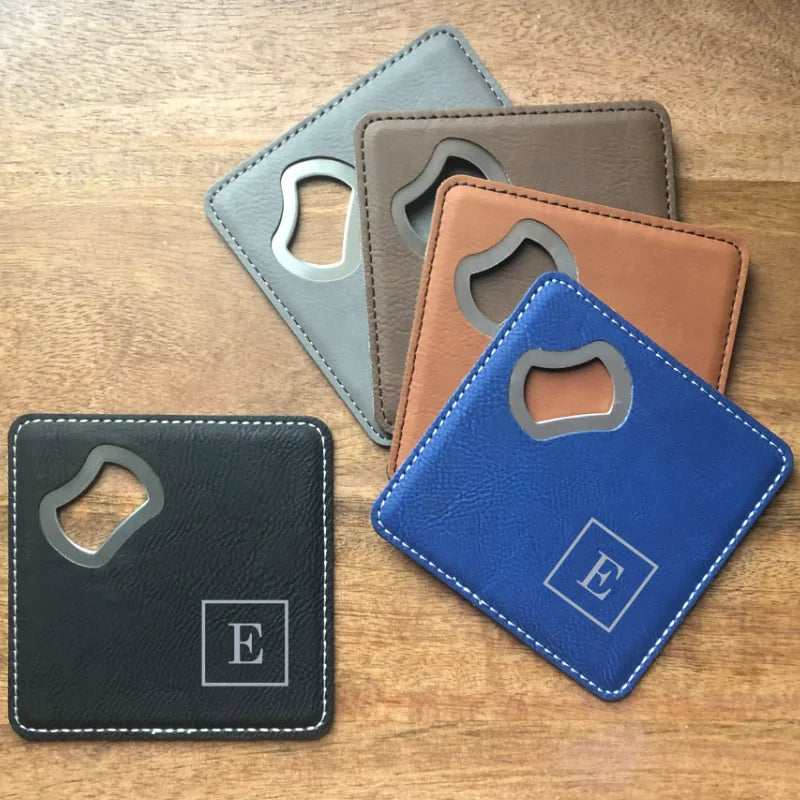 Gift Beer Metal Opener Wedding Favors Custom Cool Beer Openers PU Leather Cup Mat Cosater Bottle Opener for Beer Lover