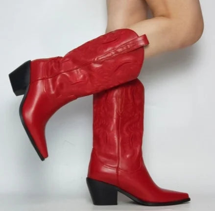 BUSY GIRL MZX3001 2024 New Color Embroidered Women Boots Low Block Heels Ladies Shoes Western Cowboy Boots for Women