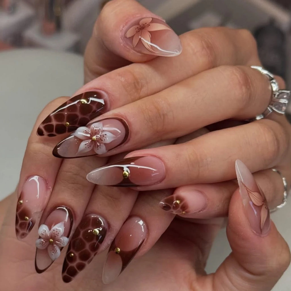 24 Pcs 3786 Marble Crack 3D Flowers Medium Almond Shape Nails Press on Nails Artificial Fingernails