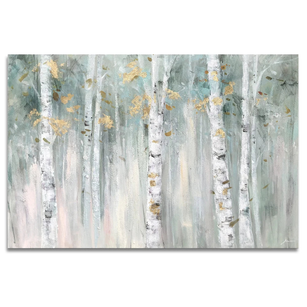 Abstract Forest Painting Wall Art With Gold Foil Textured Green Decorative Oil Painting  for Living Room