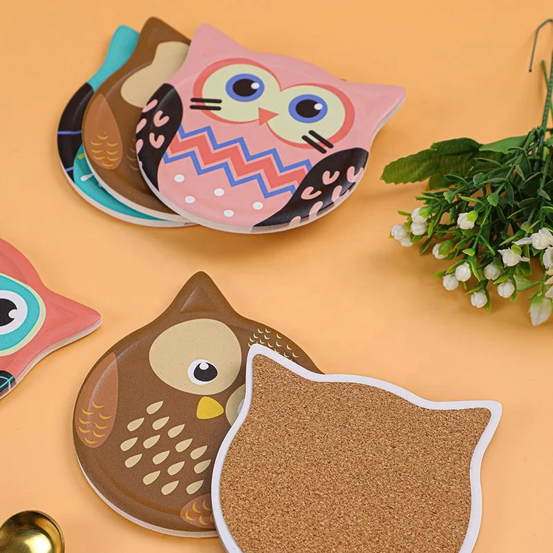 Owl Shape Custom White Ceramic Coaster Set with Cork Back Absorbent Cute Style for Drinks Coffee Holiday Gift
