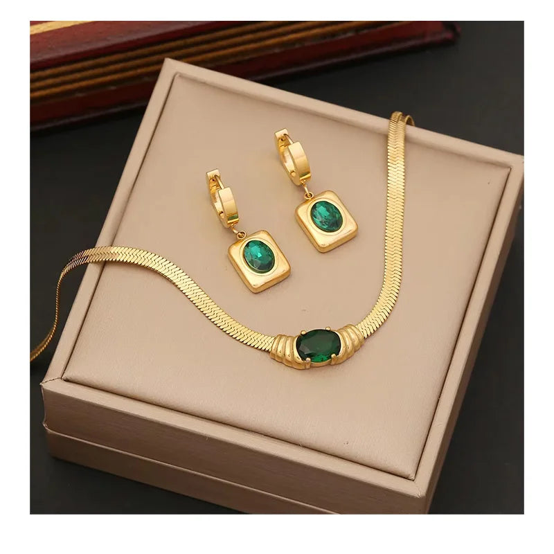 DAIHE Fashion New Emerald Green Zircon Jewelry Set Stainless Steel Gold Earrings Necklace