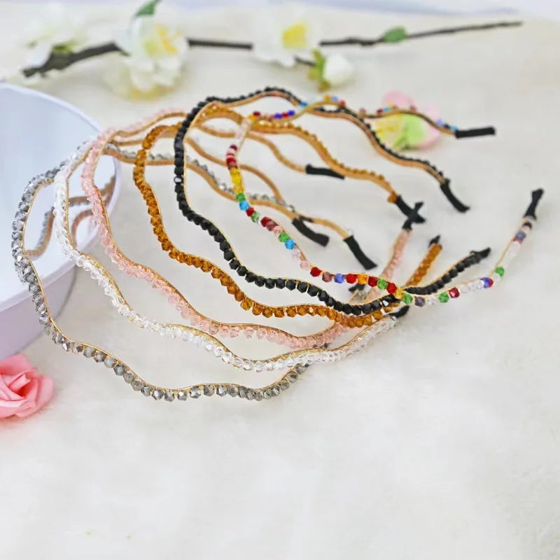 Factory Wholesale Cheap Popular Korean Handmade Thin Pastel Crystal Headband Simple Temperament Beaded Alloy Hairband for Girl