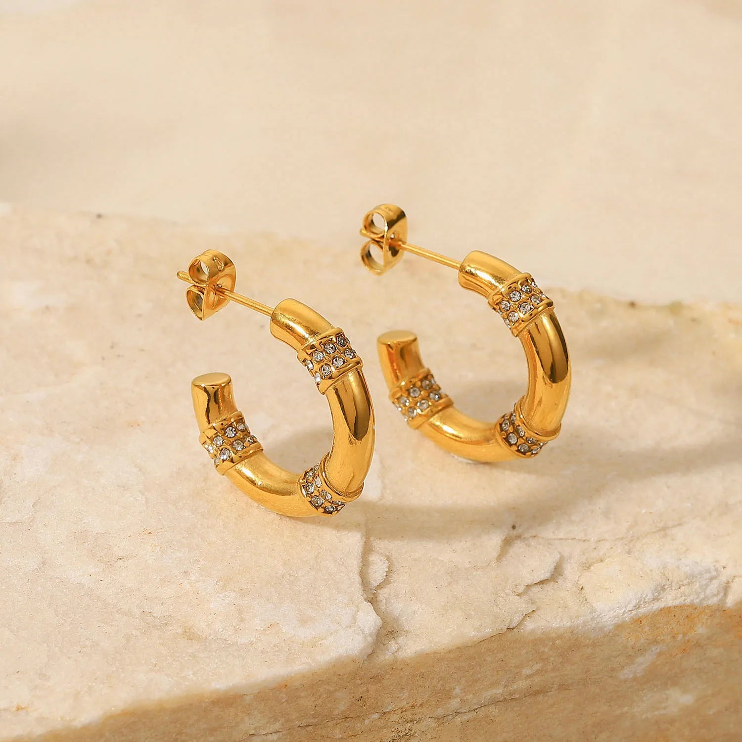 Non Tarnish Stainless Steel Semi Hoop Earrings 18K Gold Cz Zircon C Shape Earring for Women Party