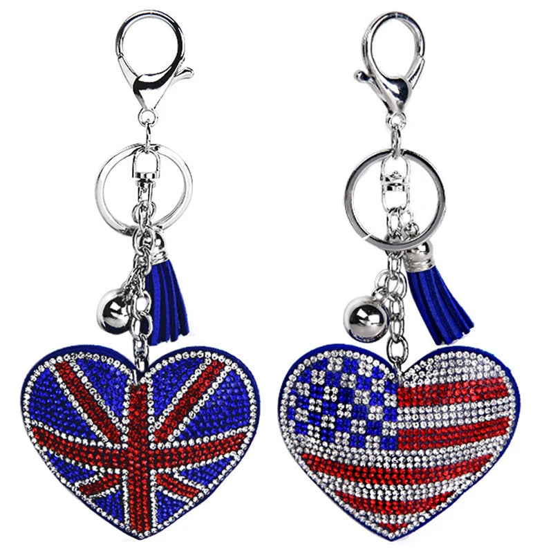 Wholesale Bag Charm Bling Crystal USA UK Flag Keychain for Women