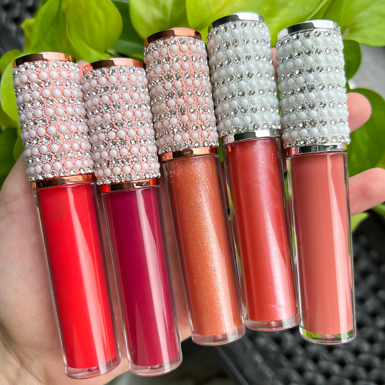Luxurious Lip Gloss Private Label Custom Logo Adorned  with Pearl and Diamond Embellished Caps