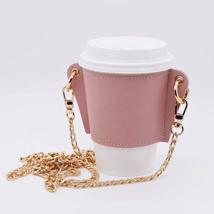 Wholesale Portable Tea Drinks Cup Holder with Metal Chain PU Leather Sleeve for Coffee Cup