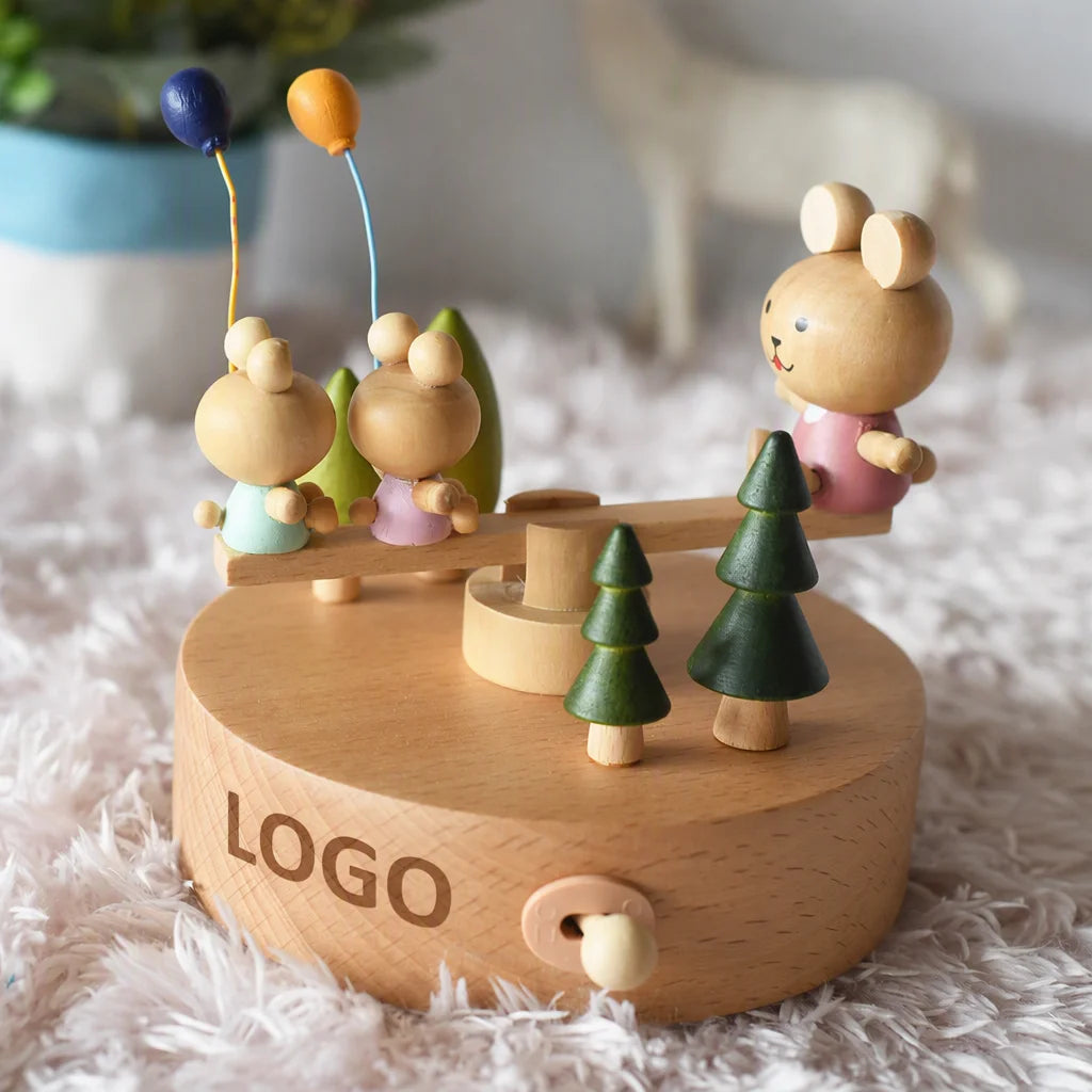 Seesaw Bear Music Box Wind up Clockwork Beech Wood 18 Note Custom Logo Kids Gift Tabletop Decor Wholesale Supply MegaBDM