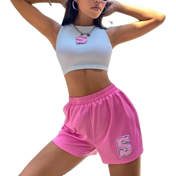KY Y2K Women's Tank Top Crop Tops Camisole Sleeveless Neck Chenille Embroidery Letter Patch Solid Track Shorts 2 PIECES Set