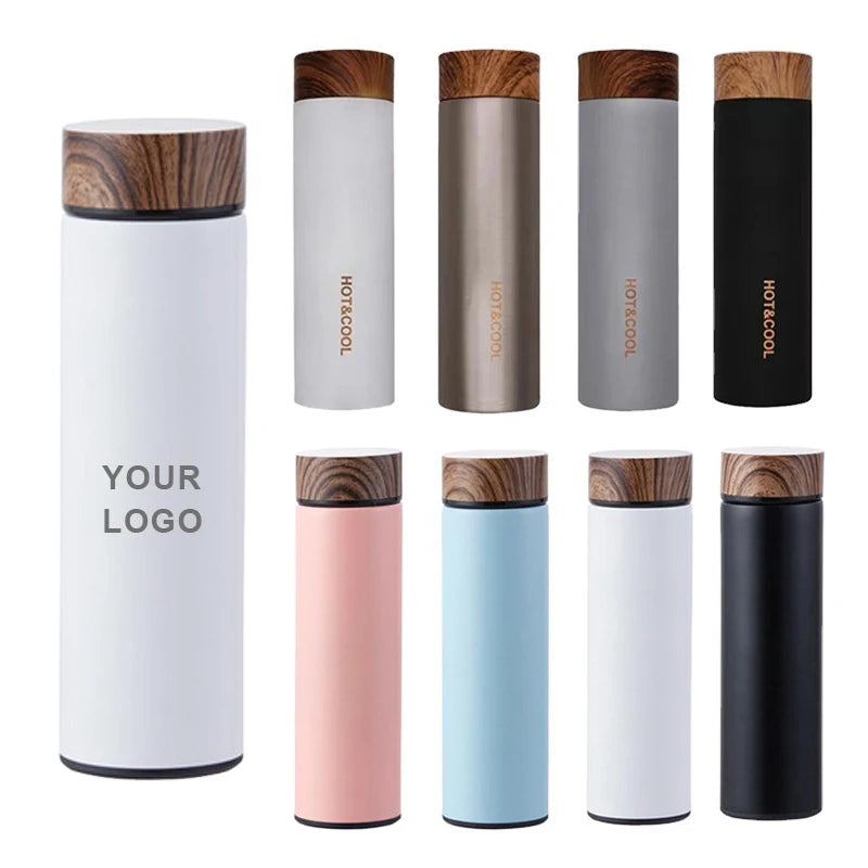 Wholesale 500ml Stainless Steel Insulated Vacuum Flask Tea Infuser Water Bottle with Wooden Grain Color Lid