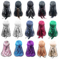 Custom Silky Turban Headscarf Long Tail Elastic Pirate Hat for Women Outdoor Sports Accessory Black Rose Gold with Black Edge