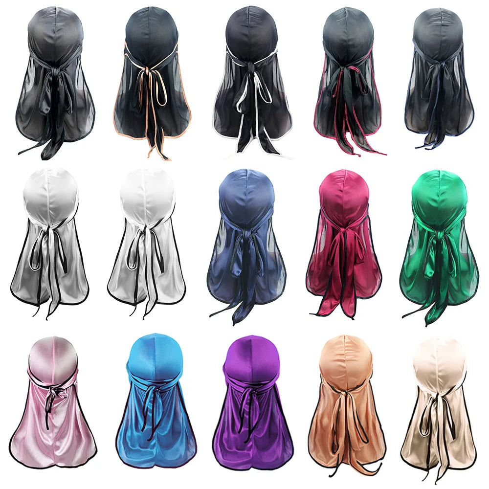 Custom Silky Turban Headscarf Long Tail Elastic Pirate Hat for Women Outdoor Sports Accessory Black Rose Gold with Black Edge