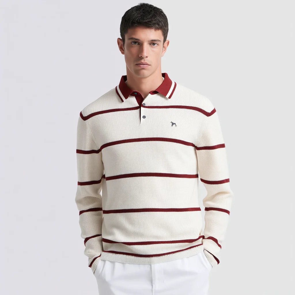 Men's Jacquard Knit Polo Shirt 100% Cotton Long Sleeve Textured Stripe Casual T-Shirt Factory Price Ready to Ship
