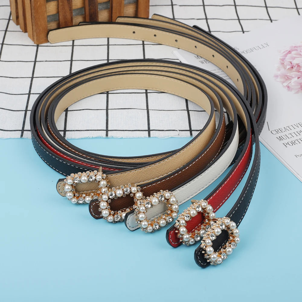 Women Leather Belt Reversible Belt PU Leather Waist Belt for Jeans Dress with Pearl Belt Buckle